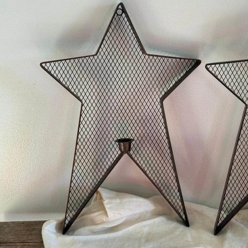 Rustic Metal Mesh Star Wall Sconce Taper Candle Holder Set Dark Bronze Primitive
